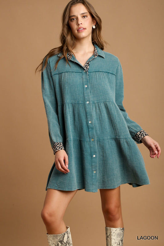 Mineral Wash Cotton Gauze Tiered Long Sleeve Dress